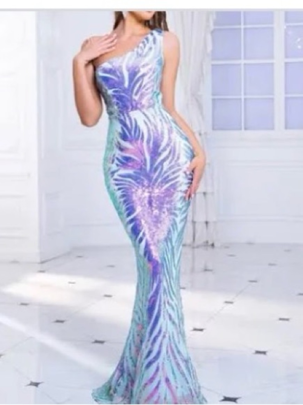 Stunning One-Shoulder Blue Sequin Gown